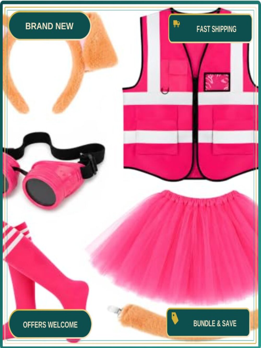 6 Pc Animal Costume Set Ears Headband Tail Vest Tutu Skirt Socks Goggles